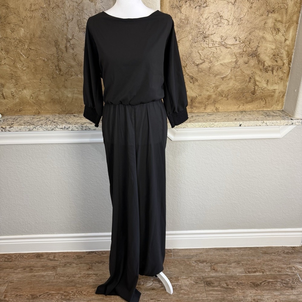 Alice Olivia Jumpsuit Womens Large Black Wide Leg Open Back 3/4 Sleeve Dressy